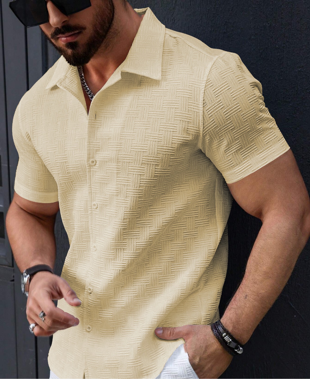 1-11.jpg Men’s Stylish Casual Textured Light Yellow Shirt - Image 1