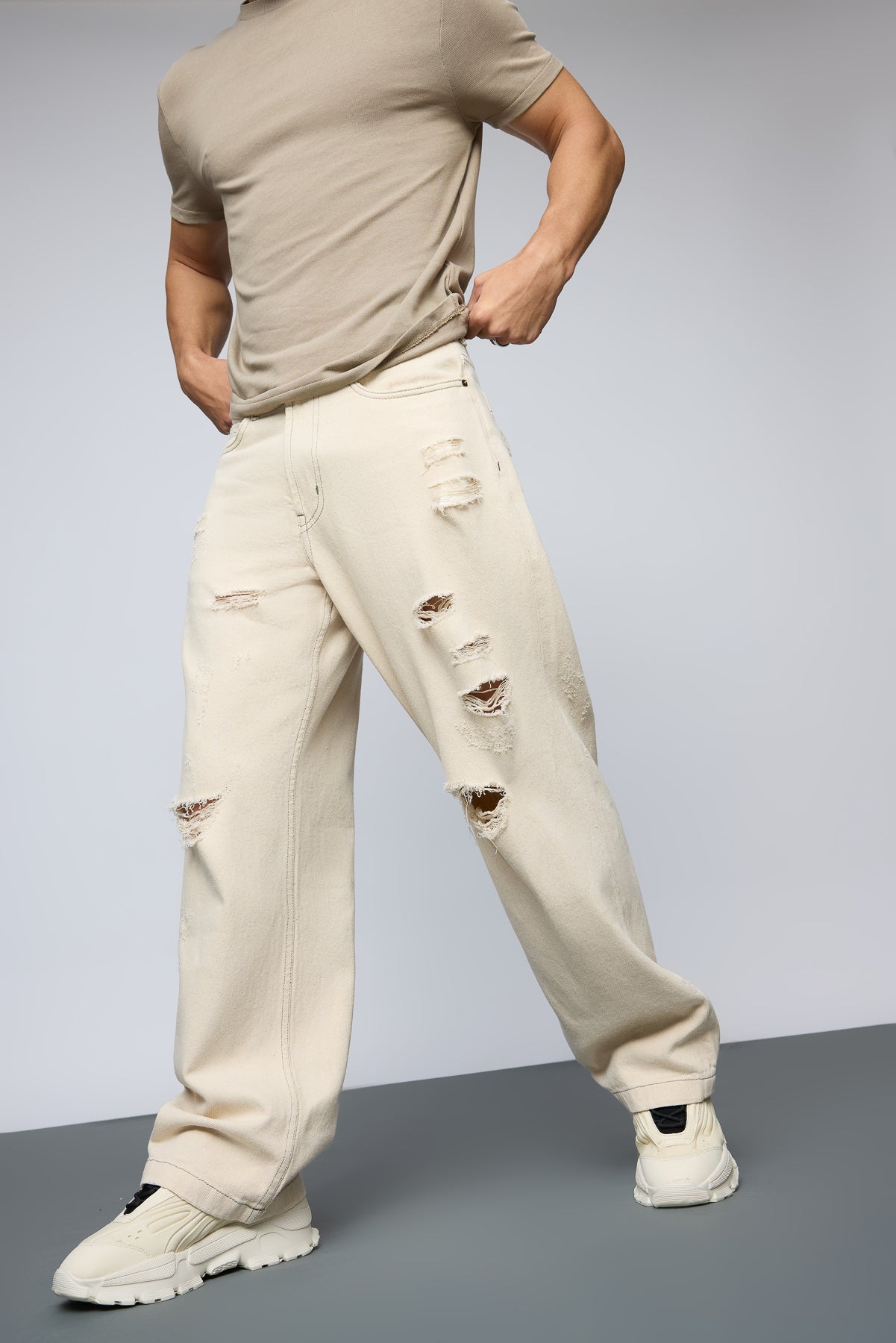 11aug_31281-Edit_390a2862-a513-48ce-b4fc-e559bc9ddf76.jpg Ecru Escape Heavy Distress Relaxed Baggy Straight Denim Jeans - Image 1