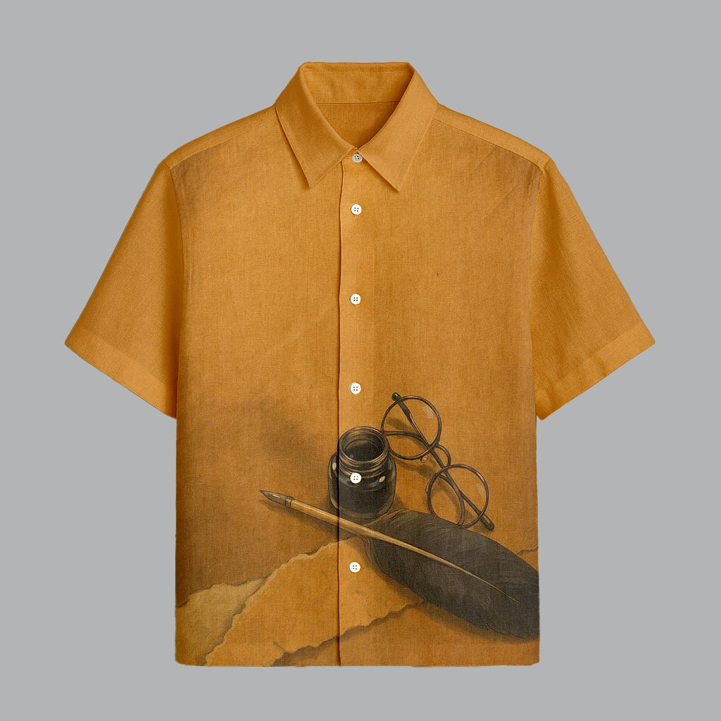 132.jpg Mustard Designer Printed Half Sleeve Shirt for Men Premium Cotton Fabric - Image 1