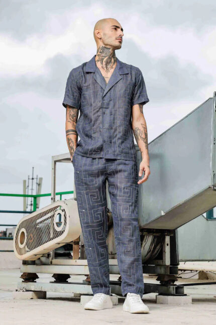 Blue Linen Embroidered Notched Lapel Korean Shirt & All Day Lounge Pants Co-ord Set