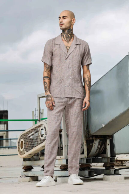 Beige Linen Notched Lapel Shirt & All Day Lounge Pants Embroidered Co-ord Set