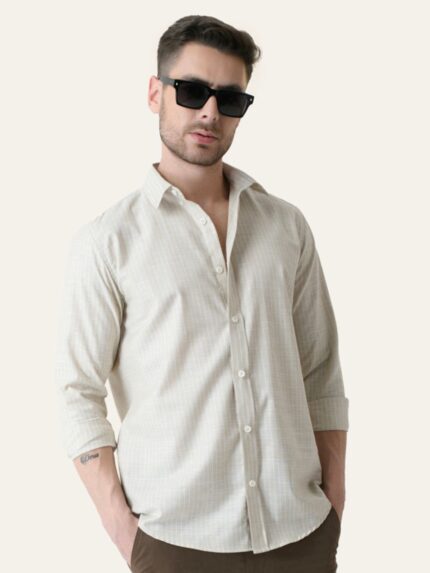 Beige Striped Slim Fit Linen Cotton Soft Tone Shirt
