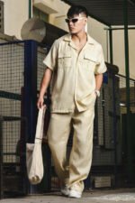 Beige Linen Casual Relaxed Fit Short Sleeve Shirt & Gurkha Pants Co-Ord Set