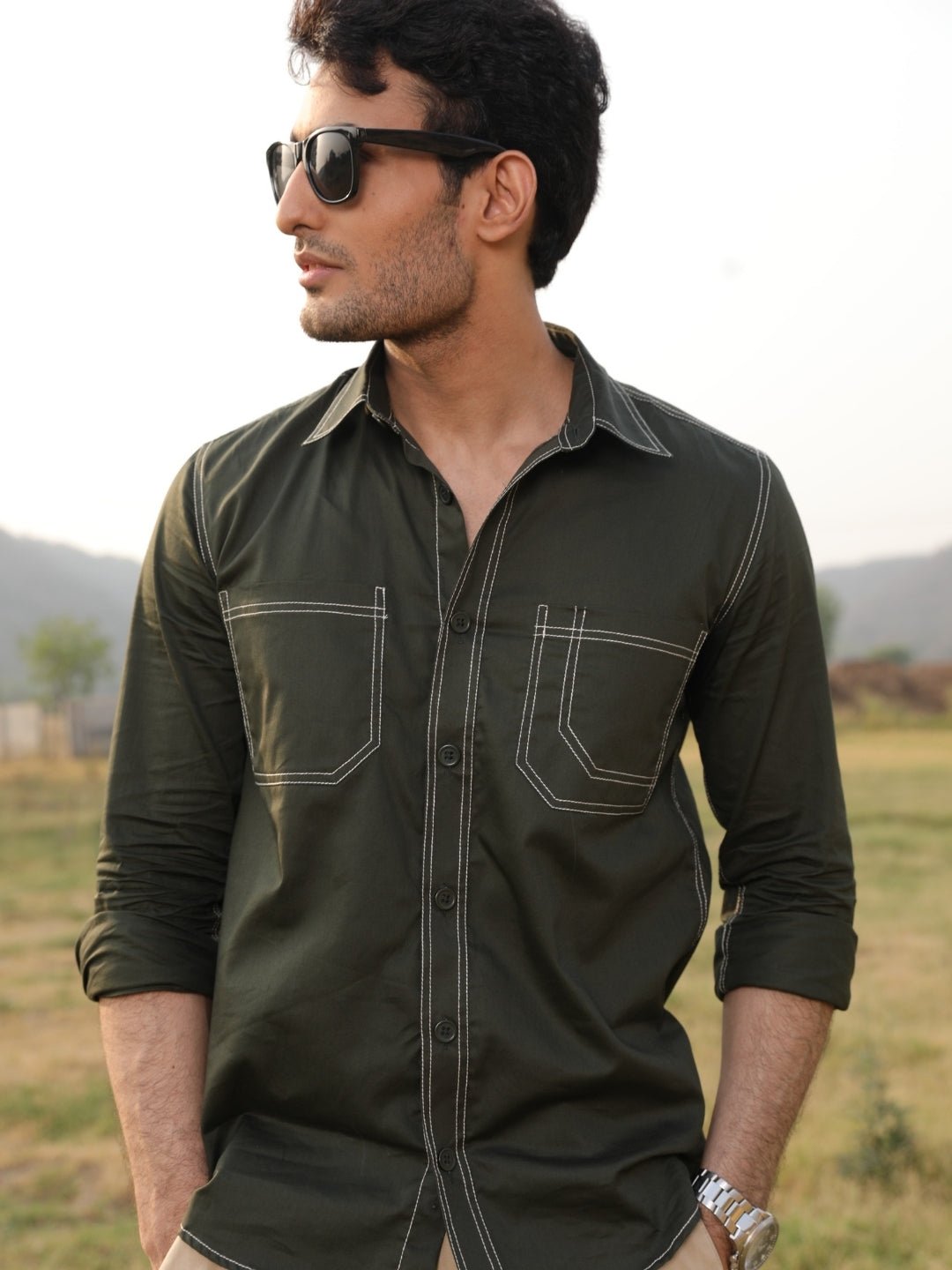 235.jpg Bottle Green Contrast Stitch Stylish Casual Shirt - Image 1