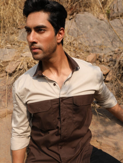 Brown and Cream Color Blocked Modern Casual Shirt