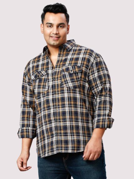 Brown and Grey Check Double Pocket Men Plus Size Shirt