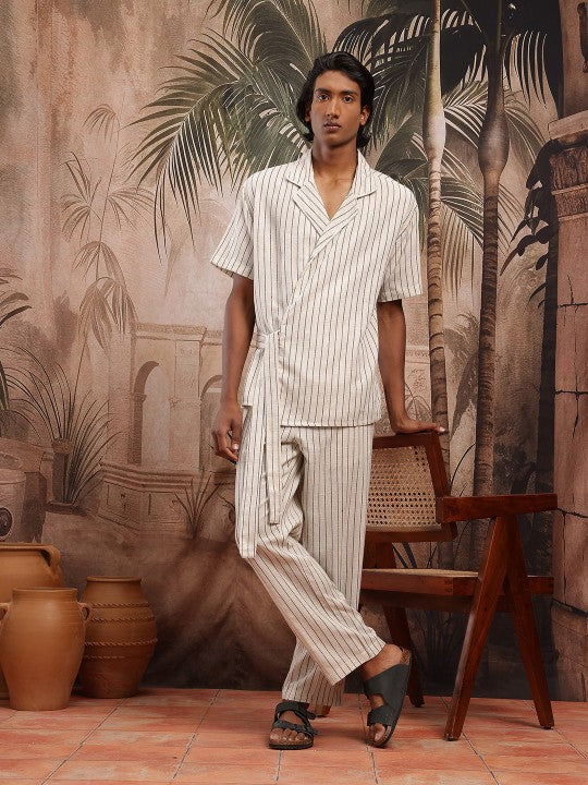 877821a4-2f77-416f-a5a4-01afc27e48241745487343679-Sangria-Men-Kurta-Sets-3451745487342086-1.jpg Wrap Tie-Up Shirt Striped Pure Cotton Co-Ords - Image 1
