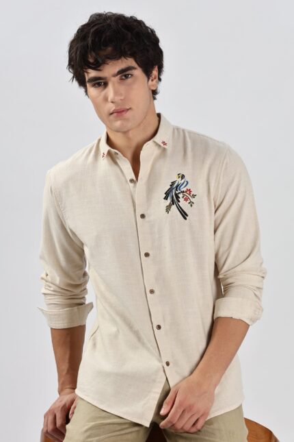 Bambaiya Beige Parrot Motif Embroidered Statement Shirt