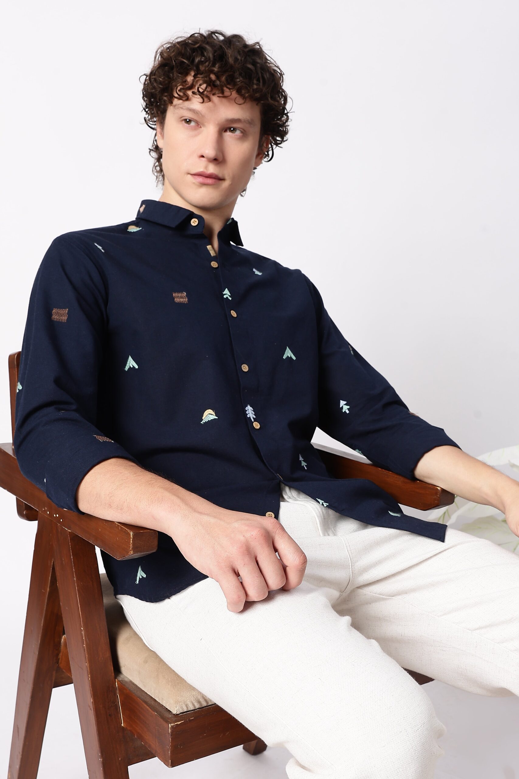 BD0A2737-scaled-1.jpg Forest Peaks Navy Cotton Nature Embroidered Shirt - Image 1
