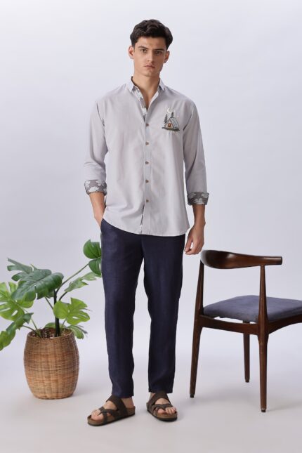 Moonlit Cabin Grey Cotton Regular Fit Embroidered Shirt