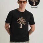 Black Tree Applique Cotton T Shirt