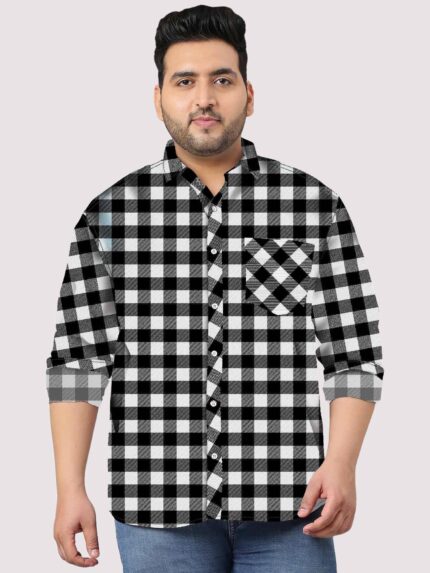 Black and White Bold Check Men Plus Size Full Sleeve Shirt