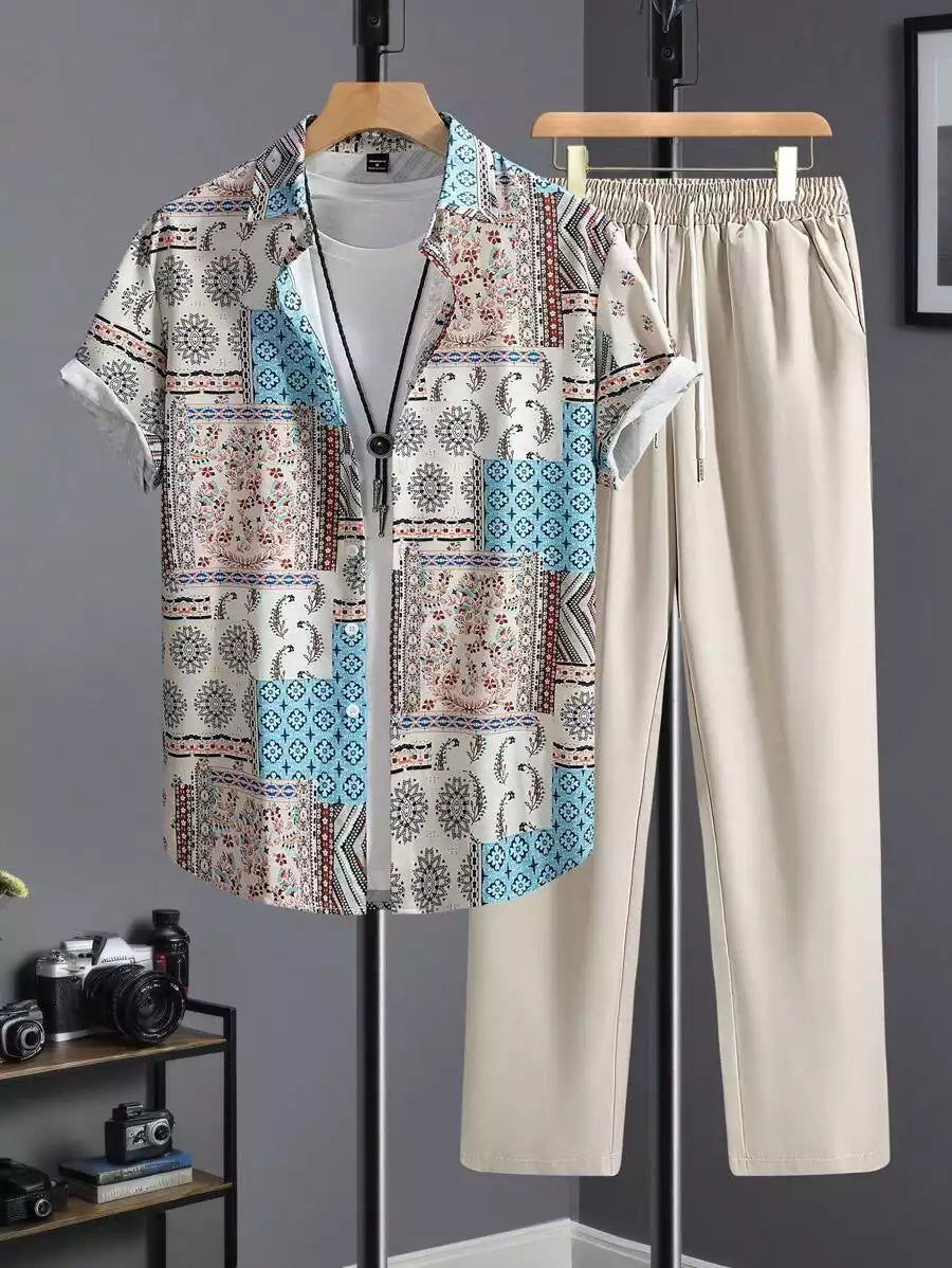 CLASSY_CREAM_MANDALA_1_6745fa97-21f6-482c-adee-9e23f5817238.jpg Classy Cream Mandala Mens Full Set Trouser And Shirt Half Sleeves - Image 1