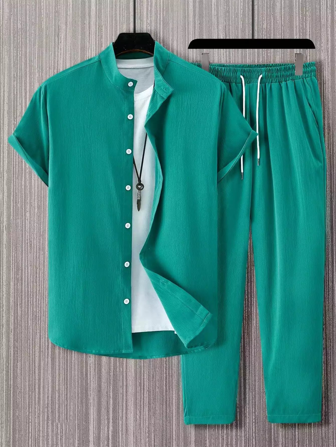 CLASSY_PLAIN_GREEN_1_1328c205-95a8-496b-9129-7d14de1b796d.jpg Plain Green Mens Full Set Trouser And Shirt Half Sleeves - Image 1