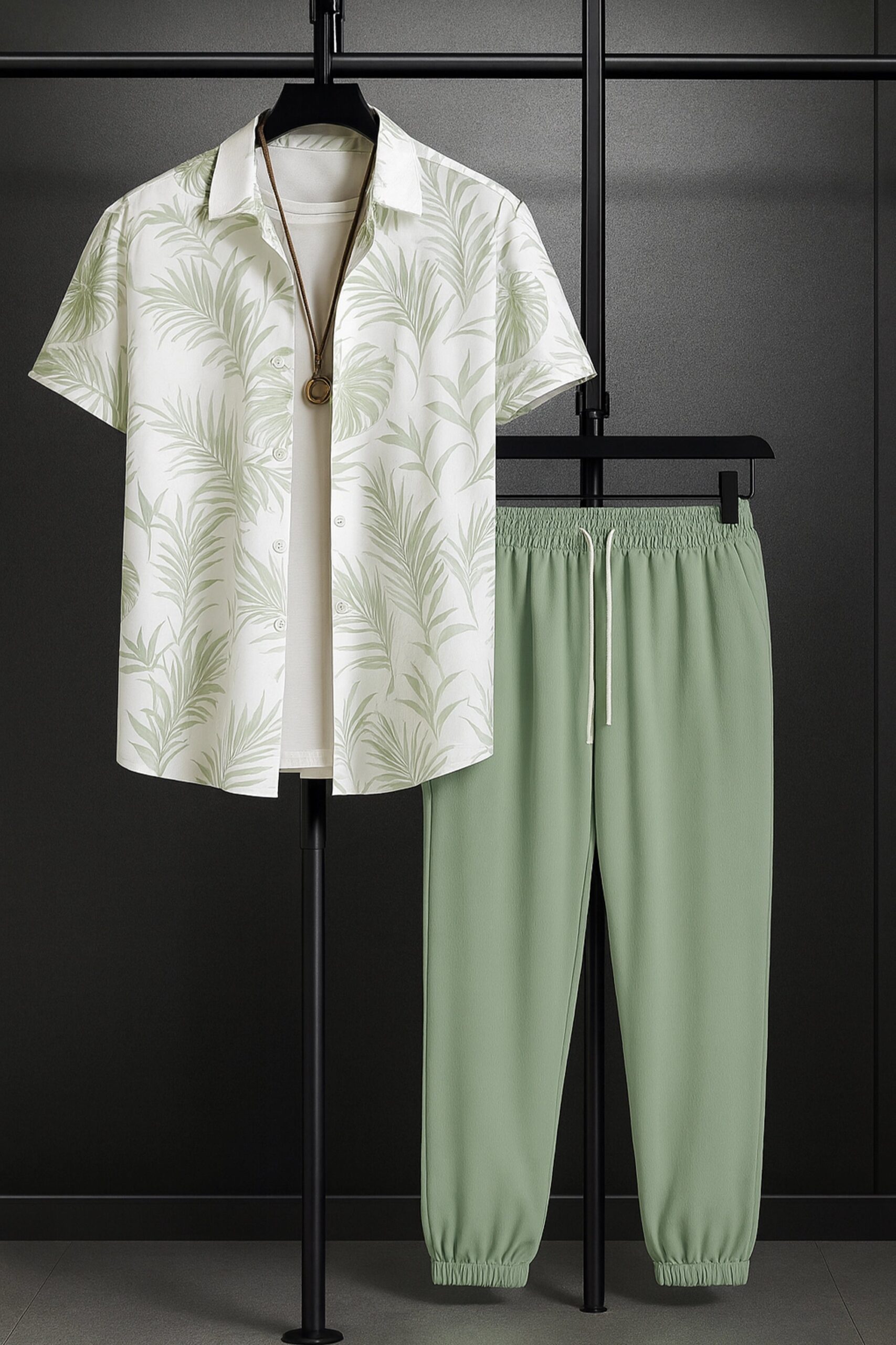 CRDS_LEAFY_WHITE_1-scaled-1.jpg Leafy White Men’s Casual Half Sleeve Shirt and Trouser Co-ord Set - Image 1