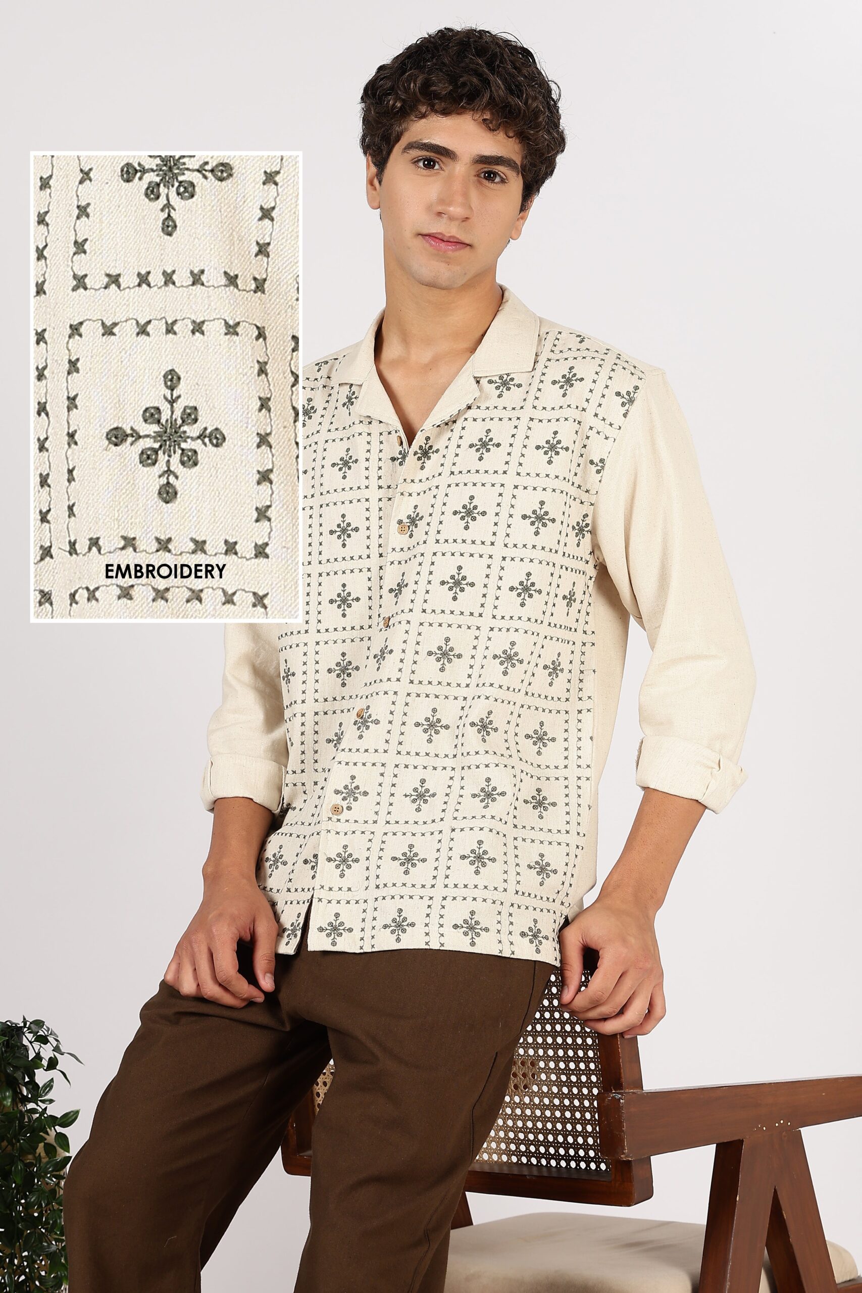 CSP0417-3-scaled-1.jpg Heritage Grid Beige Cotton Box Fit Embroidered Shirt - Image 1