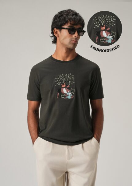 Dark Olive Chest Embroidered Slim Fit Cotton T Shirt