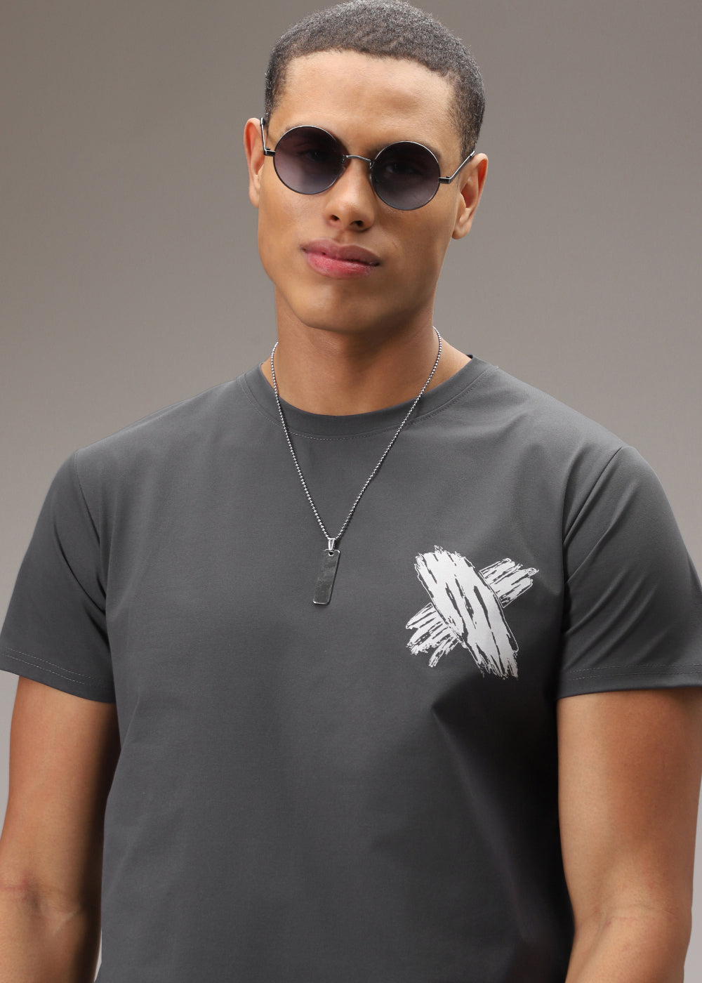 NickelGreyPrintedOversizedT-Shirt_1.jpg Nickel Grey Printed Cotton T Shirt - Image 1