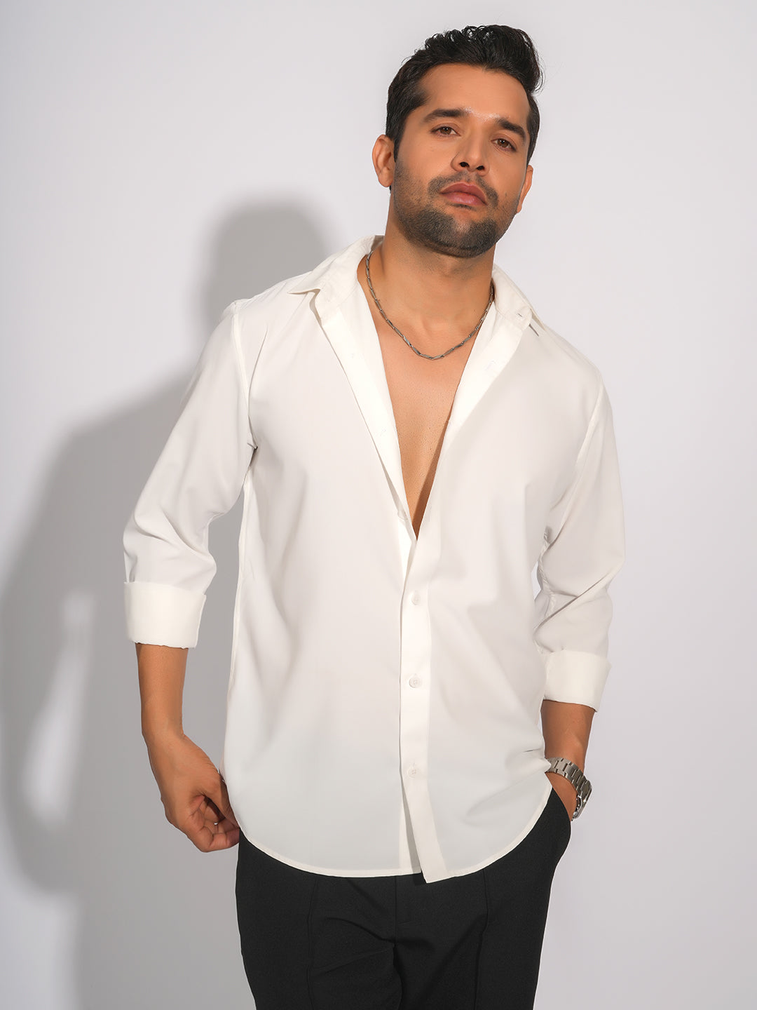 PJSOWH003_1.jpg White Solid Slim Fit Party Wear Statement Shirt - Image 1