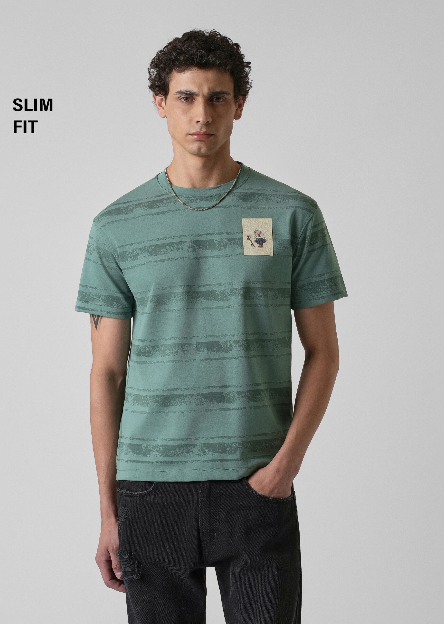 Pale_Green_Horizontal_Strip_Printed_Slim_Fit_T-shirt_3-scaled-1.jpg Green Horizontal Stripe Slim Fit Printed T Shirt - Image 1