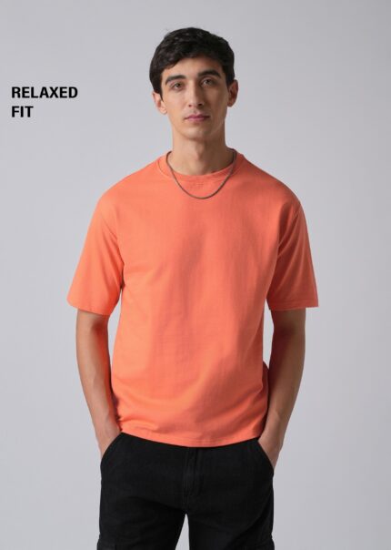 Peach Orange Basic Relaxed Fit Cotton T Shirt