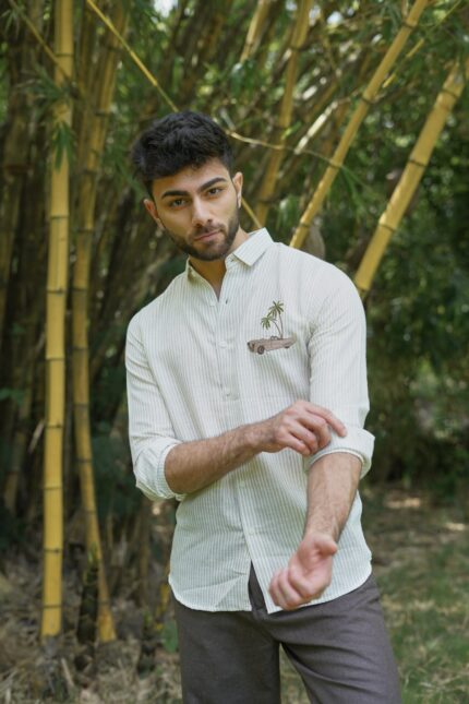 Palm Drive Striped Casual Shirt with Embroidered Detail