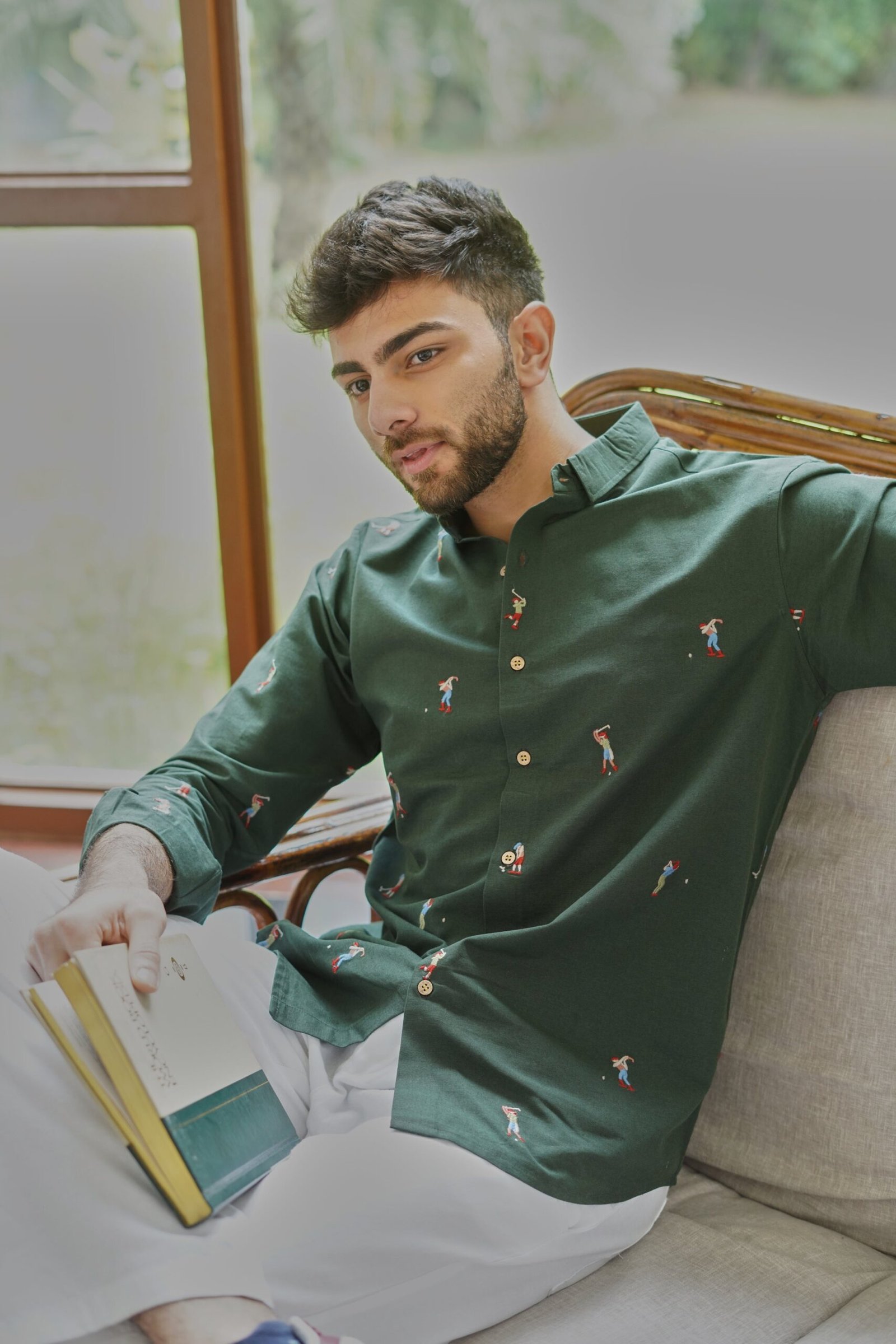 UFS05291-scaled-1.jpg Green Golf Player Motif Embroidered Shirt - Image 1