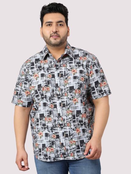 Abstract Floral Digital Print Men Plus Size Half Sleeve Shirt