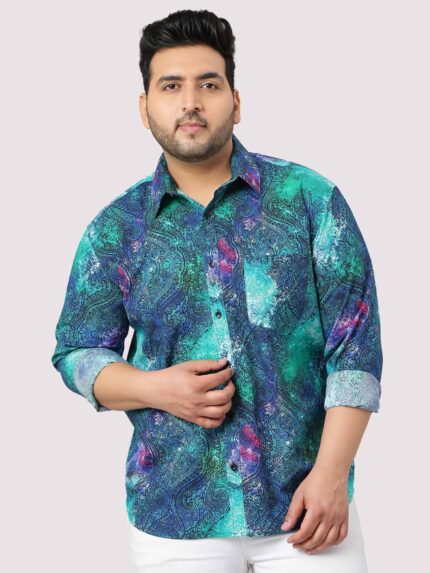 Abstract Green Blue Digital Print Men Plus Size Full Sleeve Shirt