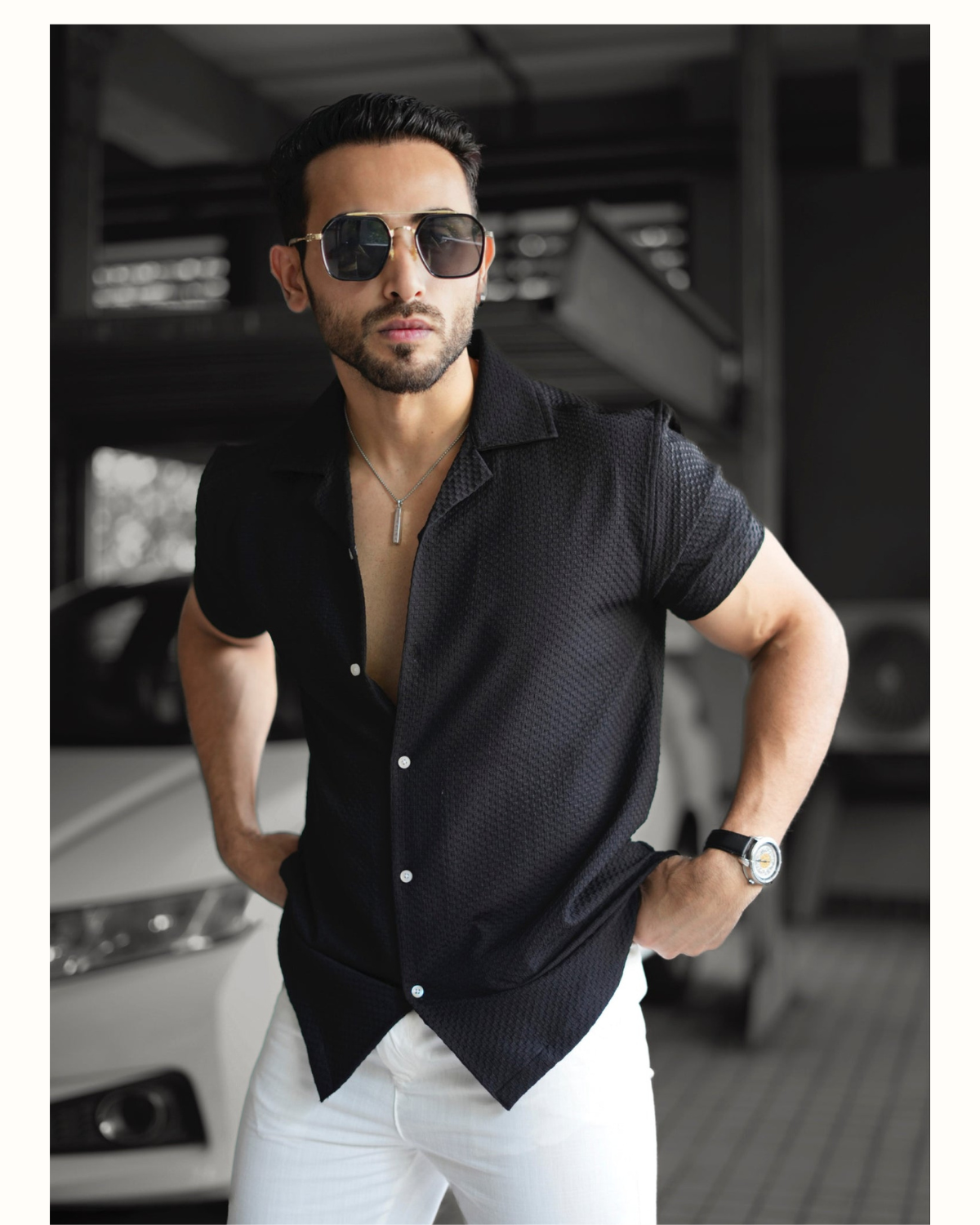 black-3.png Men’s Textured Half Sleeve Black Shirt - Image 1