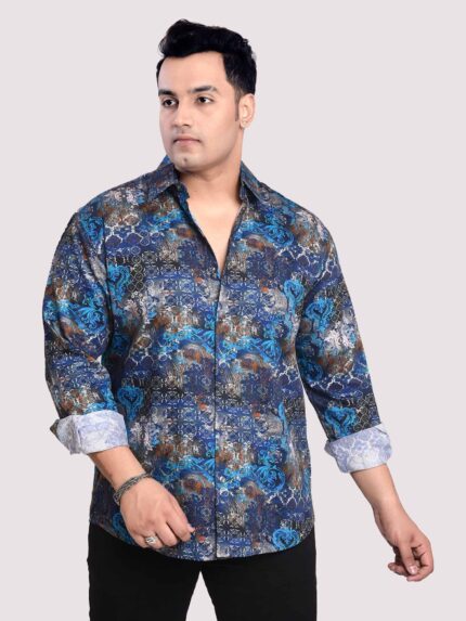 Electric Blue Mandala Cotton Men Plus Size Full Sleeve Shirt