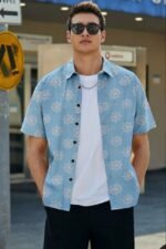 Sky Blue Printed Short Sleeves Regular Fit Shirt
