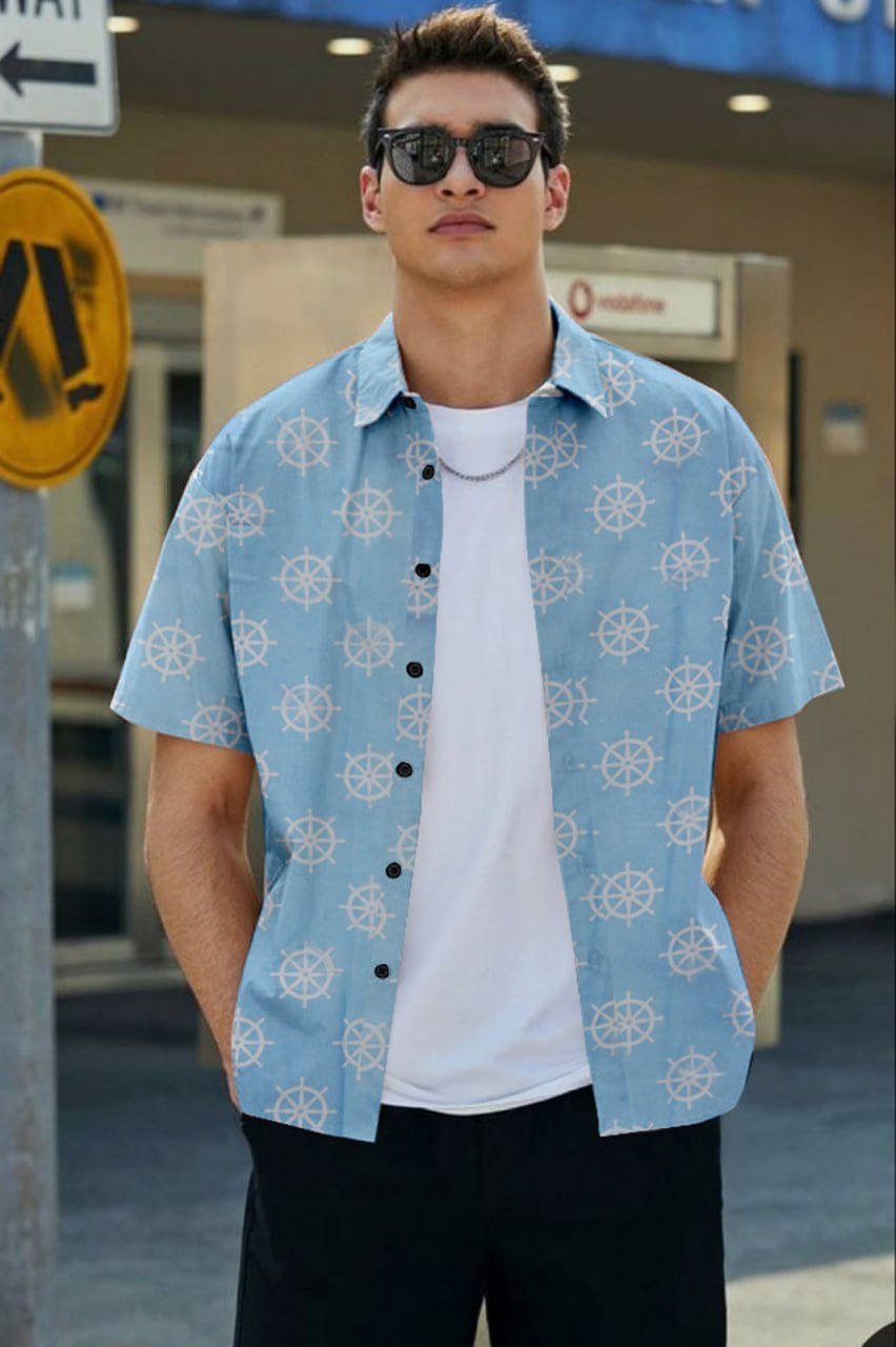 photo_6104932764861183737_y.jpg Sky Blue Printed Short Sleeves Regular Fit Shirt - Image 1
